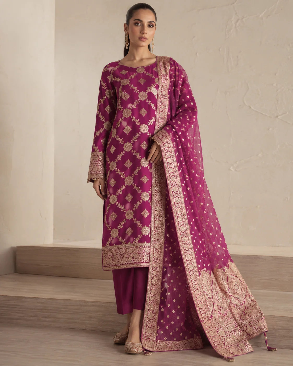Banarsi Viskos Shifon magenta two-piece suit full front view
