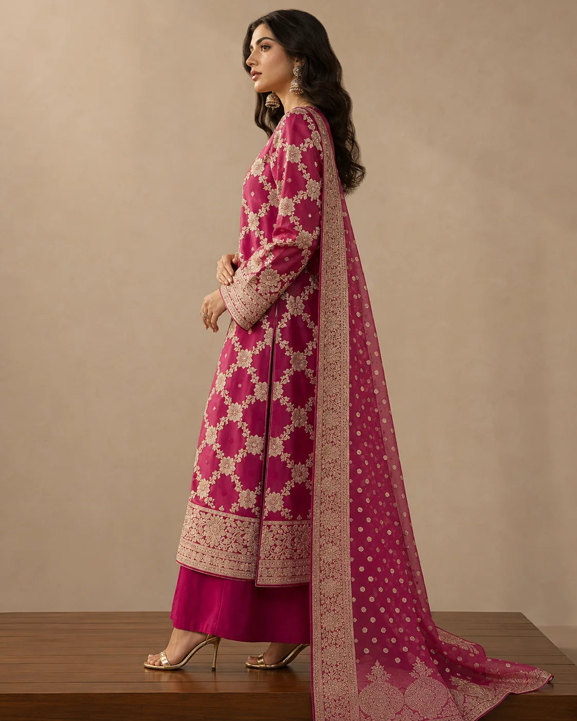 Banarsi Viskos Shifon magenta suit side view with matching dupatta