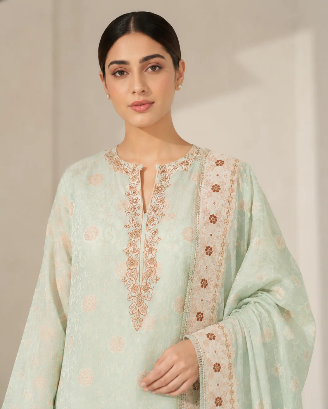 Mint green Banarsi Viskos Shifon neckline and woven detail