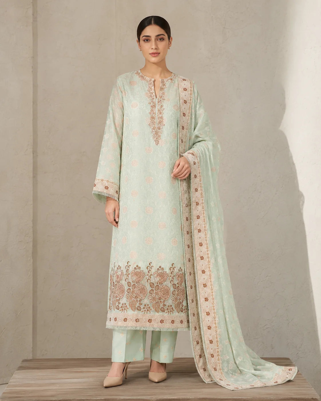Banarsi Viskos Shifon mint green two-piece suit full front view