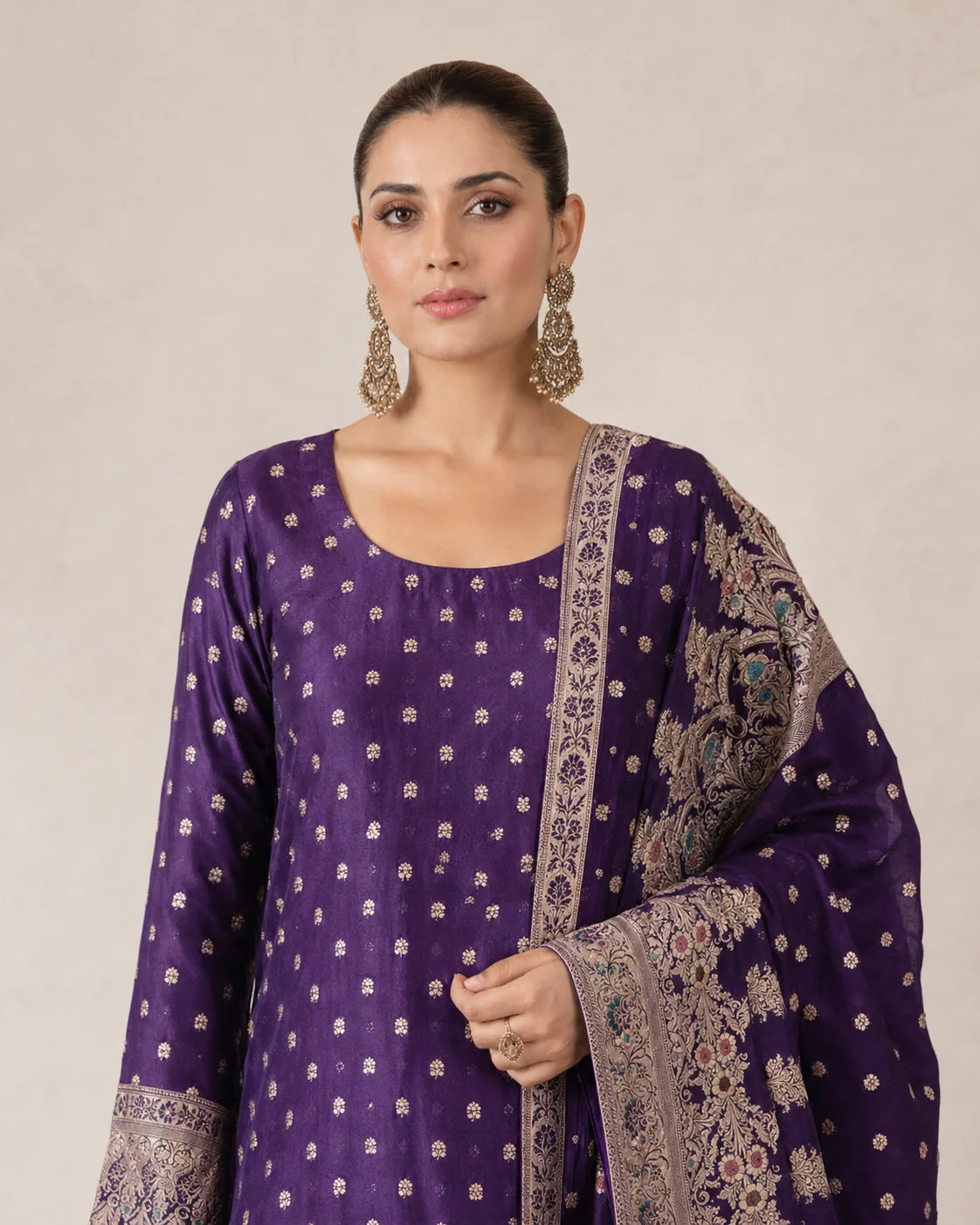 Purple Banarsi Viskos Shifon shirt and dupatta close detail