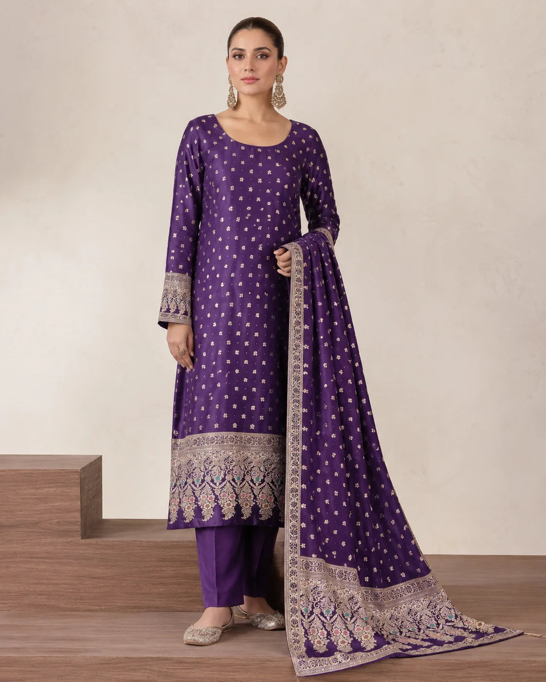 Banarsi Viskos Shifon purple two-piece suit full front view