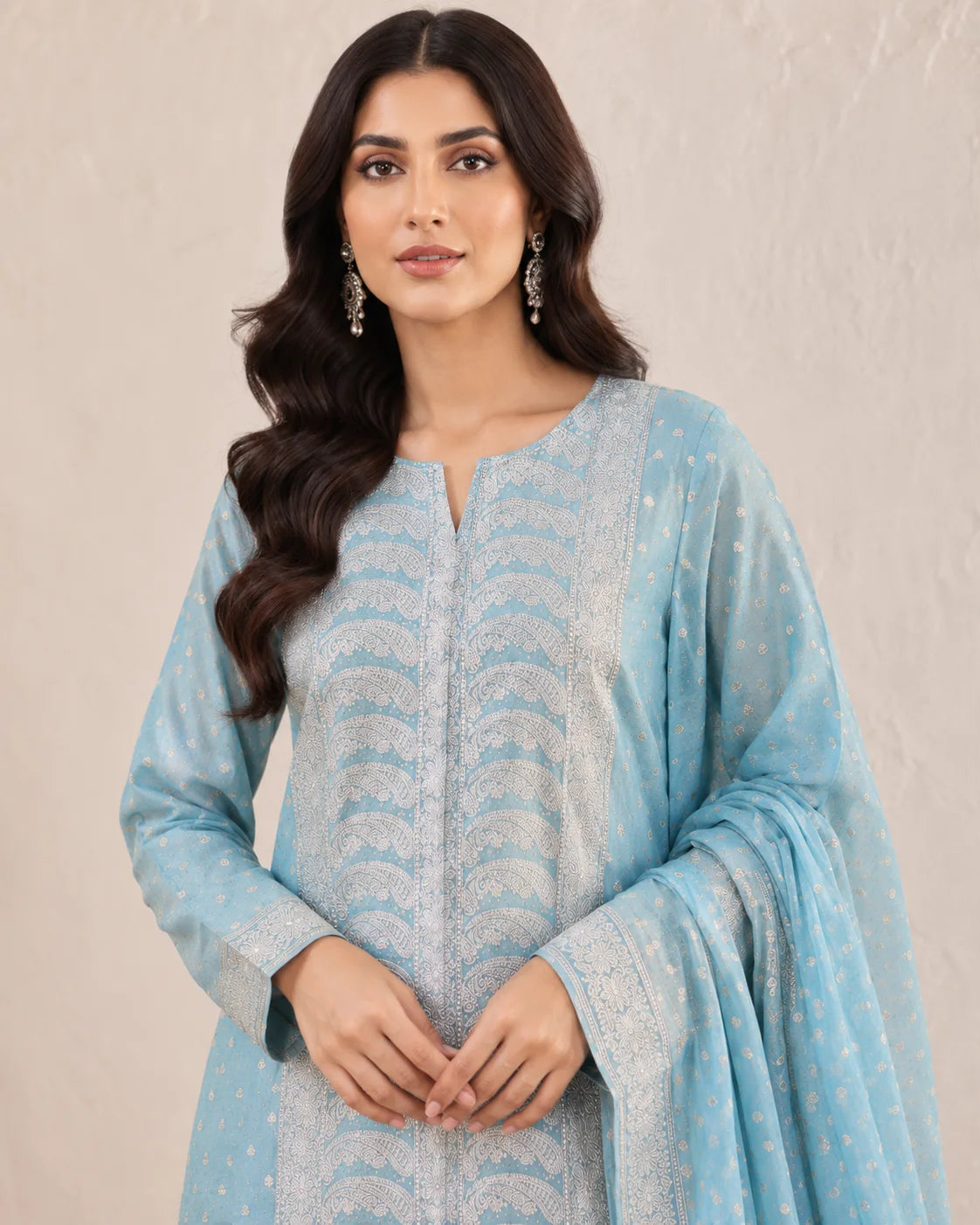 Sky blue Banarsi Viskos Shifon neckline and woven detail