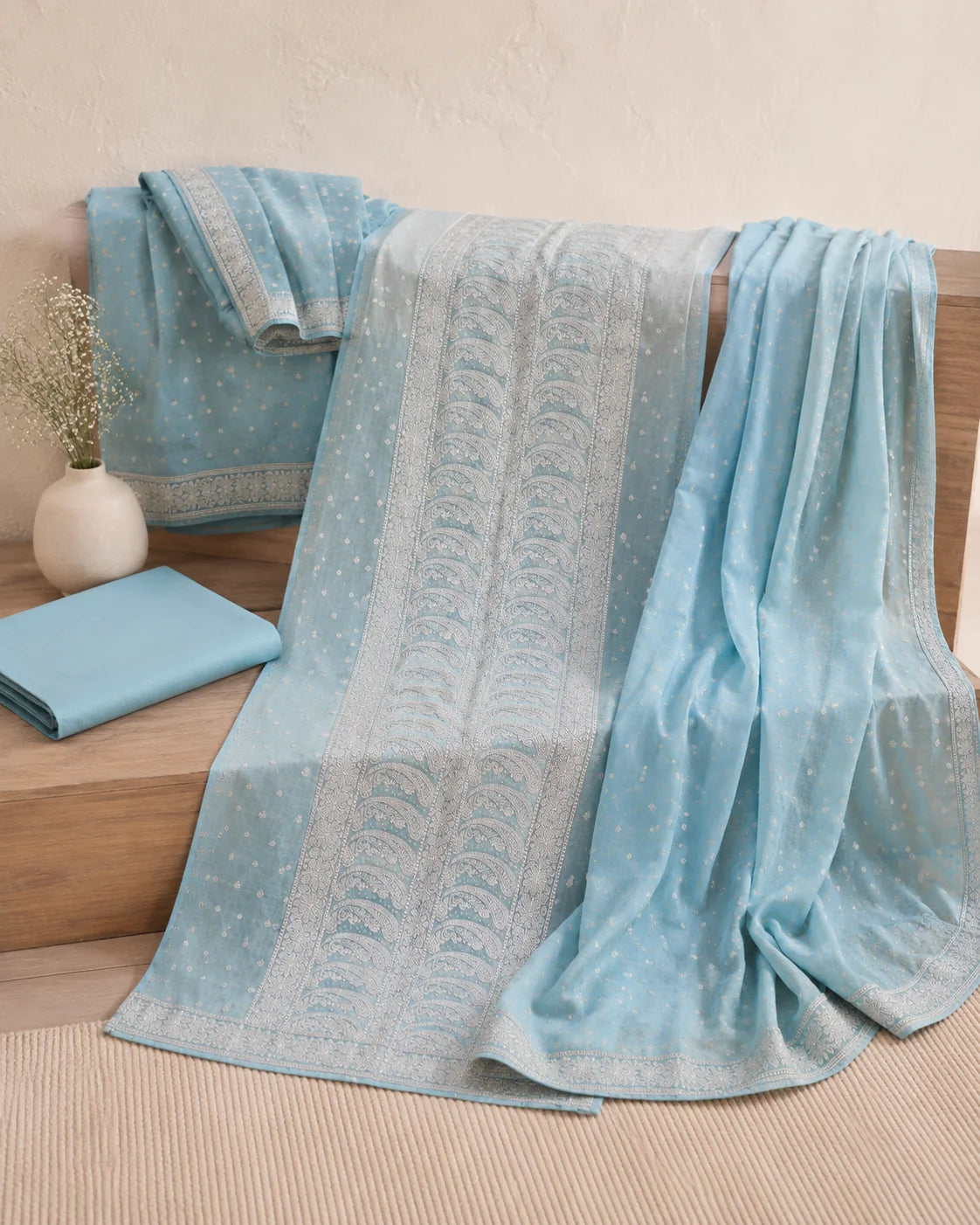 Sky blue Banarsi Viskos Shifon two-piece fabric set