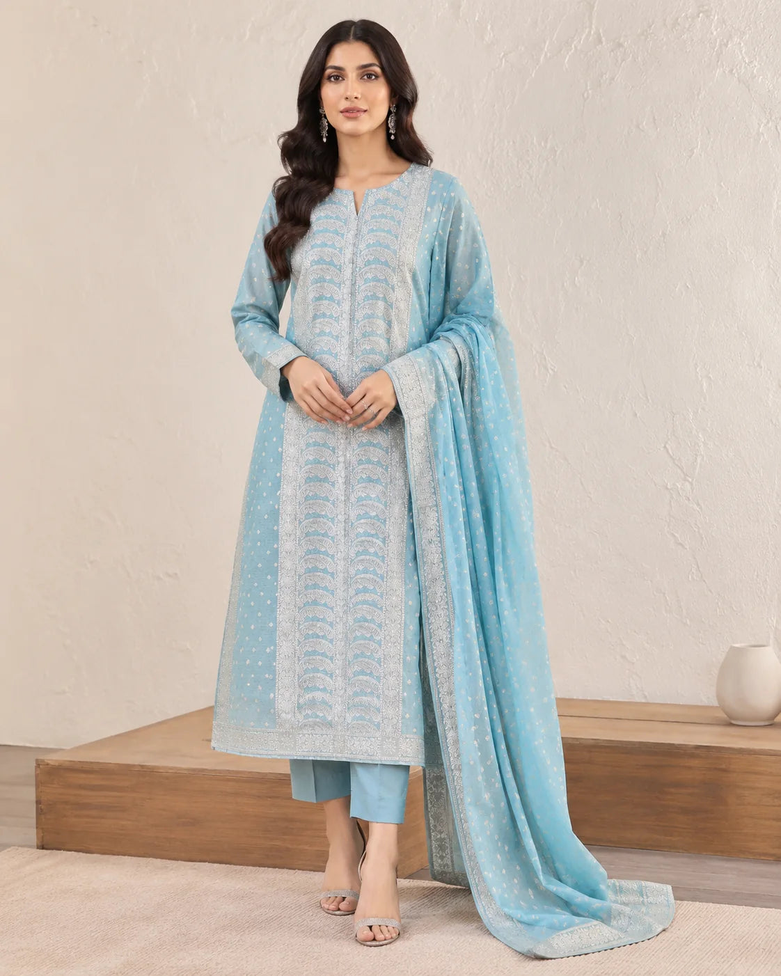 Banarsi Viskos Shifon sky blue two-piece suit full front view