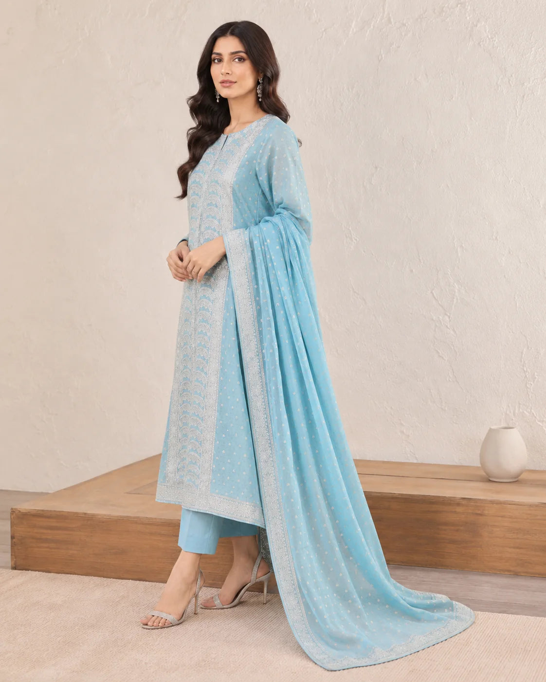 Sky blue Banarsi Viskos Shifon suit with flowing dupatta