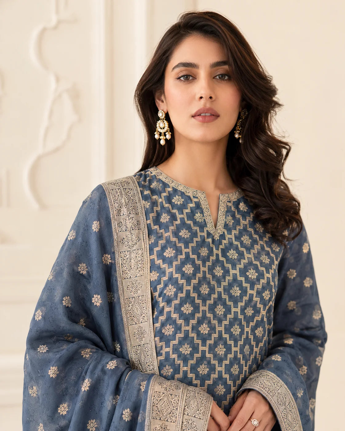 Steel blue Banarsi Viskos Shifon neckline and weave detail
