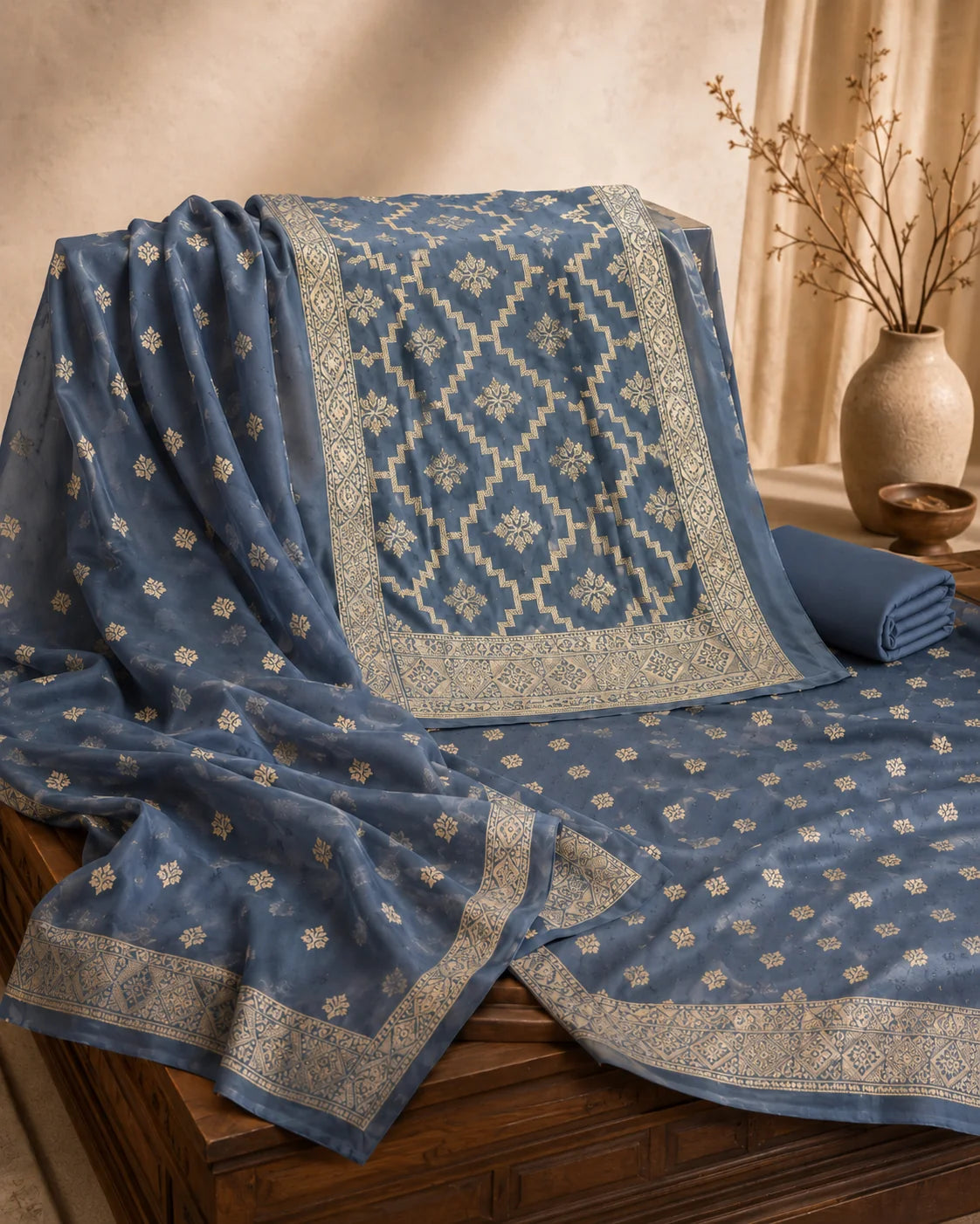 Steel blue Banarsi Viskos Shifon two-piece fabric set