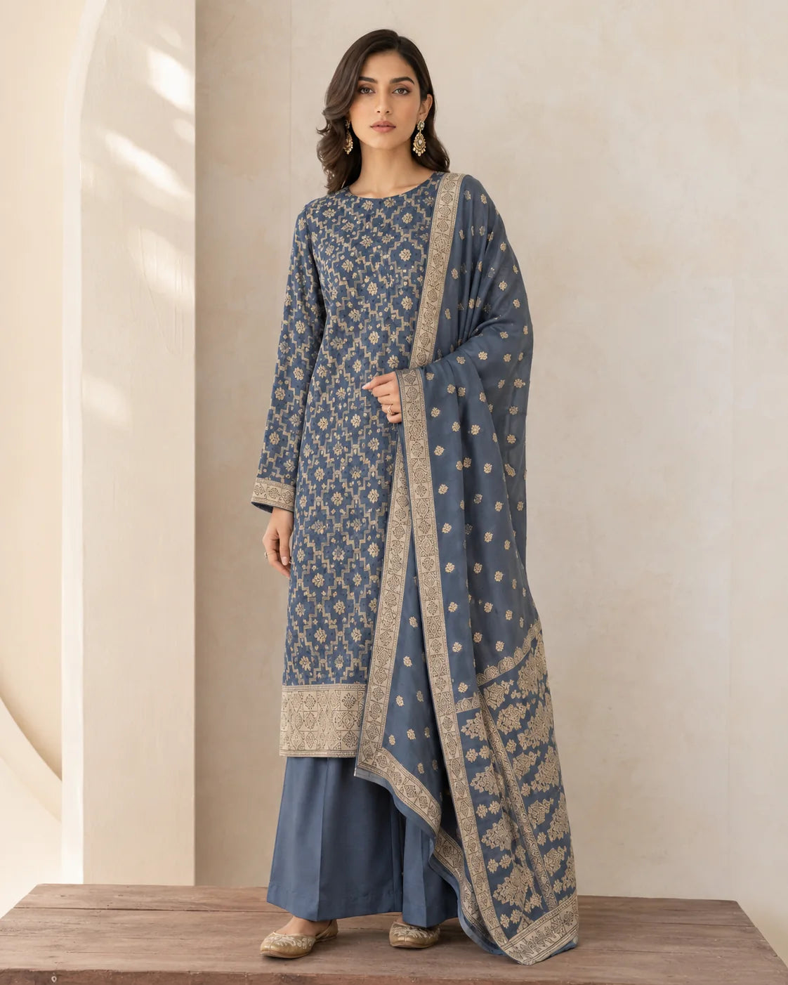 Banarsi Viskos Shifon steel blue two-piece suit full front view