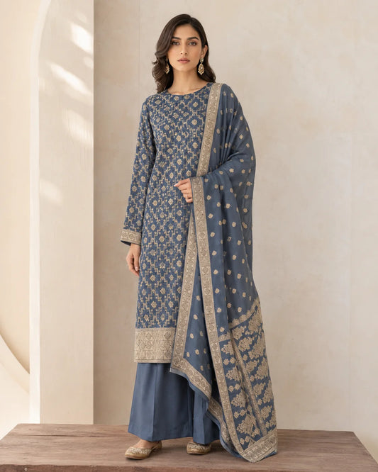 Banarsi Viskos Shifon steel blue two-piece suit full front view