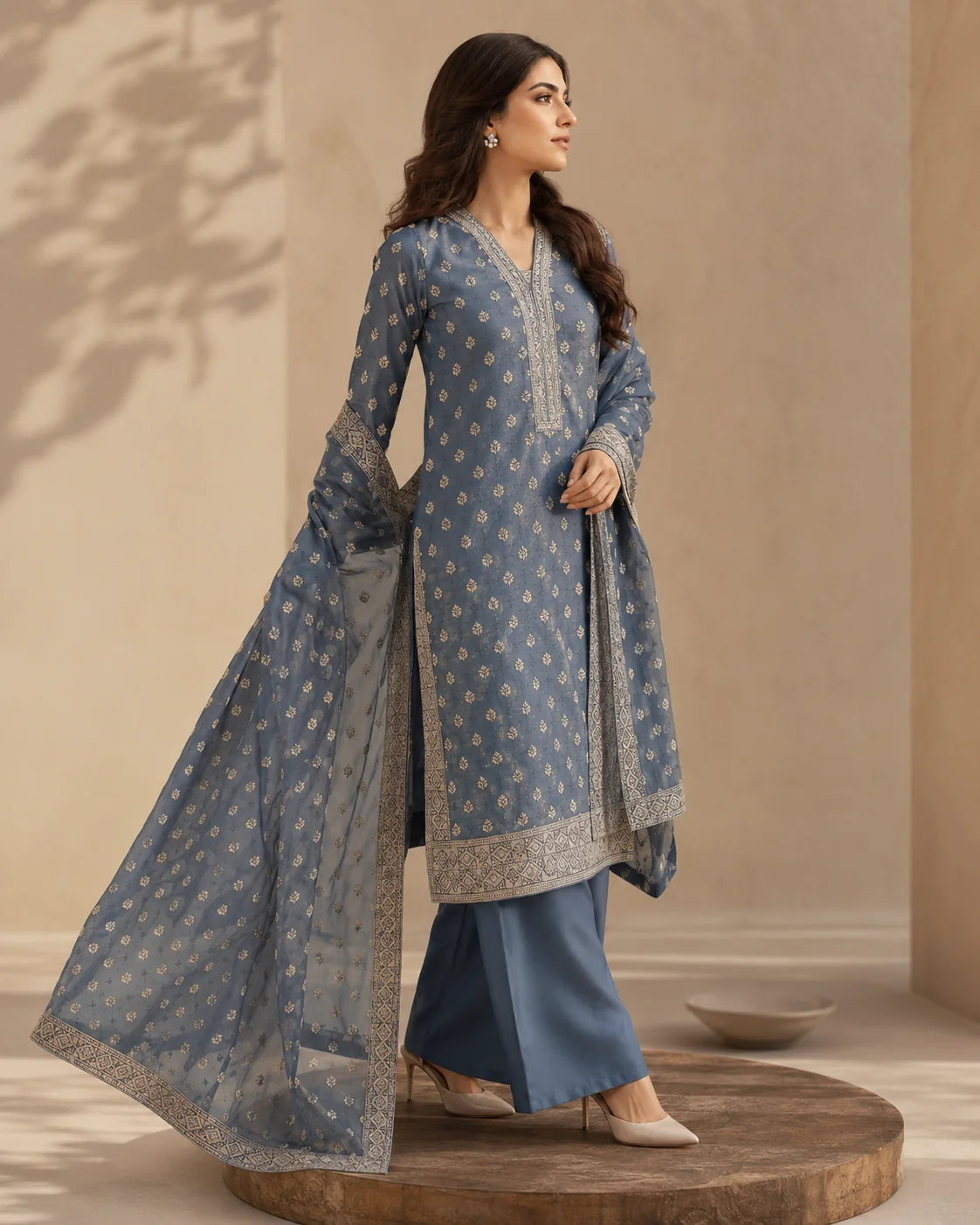 Steel blue Banarsi Viskos Shifon suit with flowing dupatta